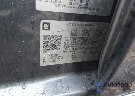 2021 Chevrolet Silverado 1500 4Wd Short Bed Lt Trail Boss z USA, uszkodzony, nr VIN 1GCPYFEL1MZ153369